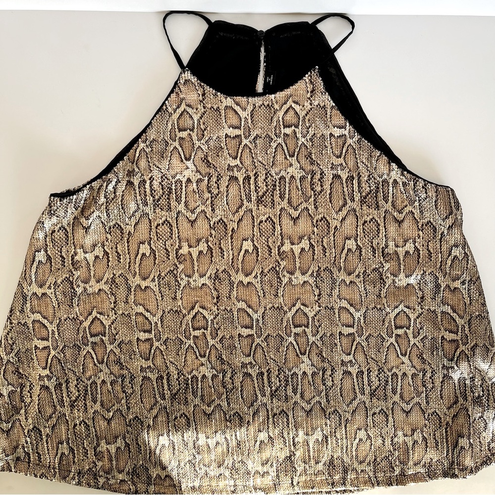 Zara Snake Print Sequin Metallic Gold Halter Top
